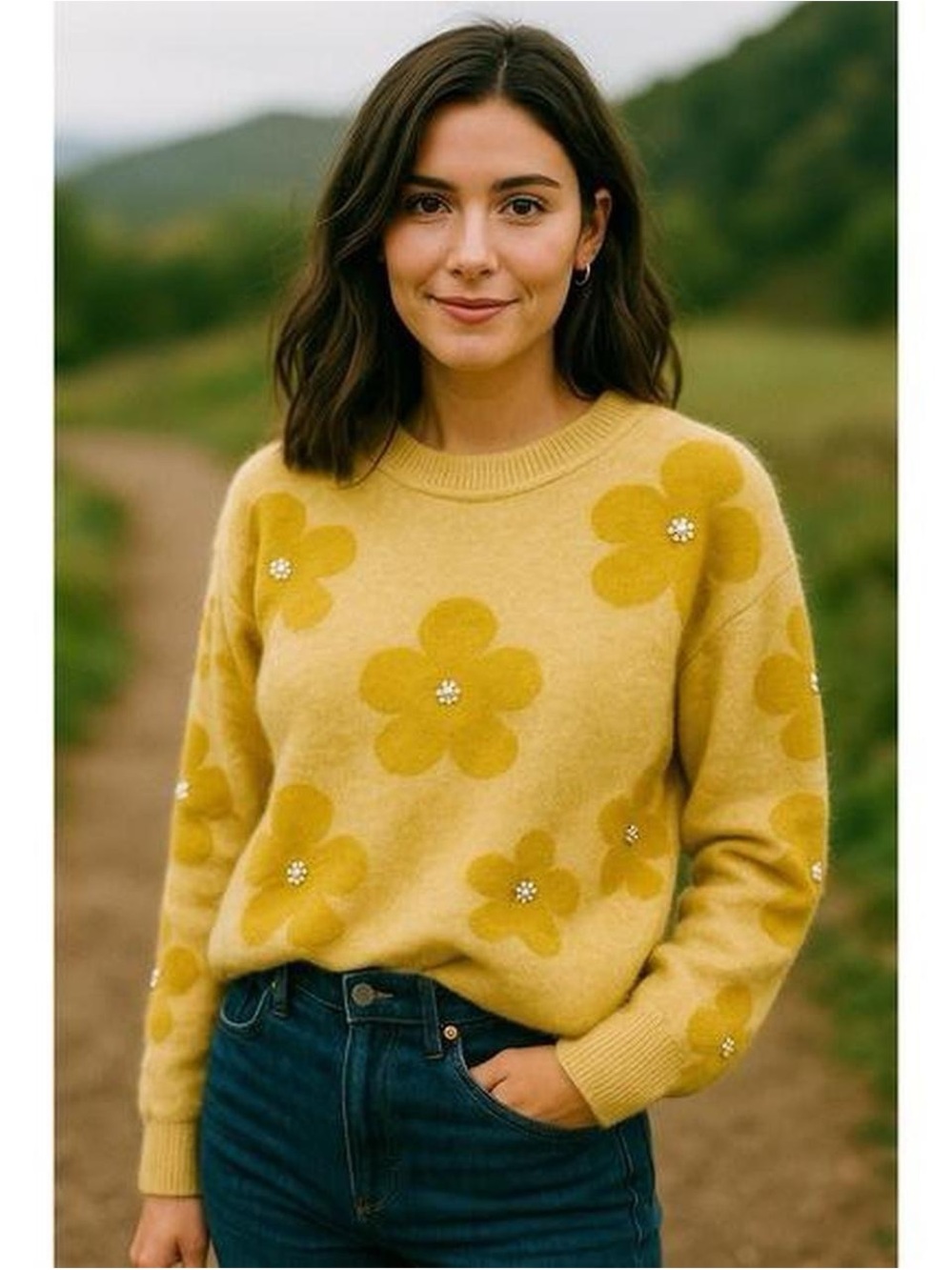Nanette Lepore Cream Floral Appliqué Crewneck Sweater